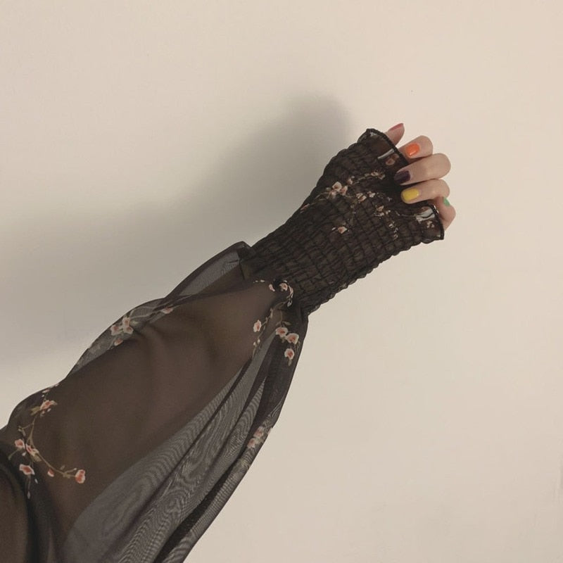 Womens Sexy Black Dress Vintage Flower Long Puff Sleeve Chiffon Dresses