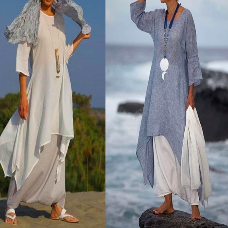 Women Fashion Irregular Leisure Loose Fitting Linen Shirt Round Neck Comfy Dress