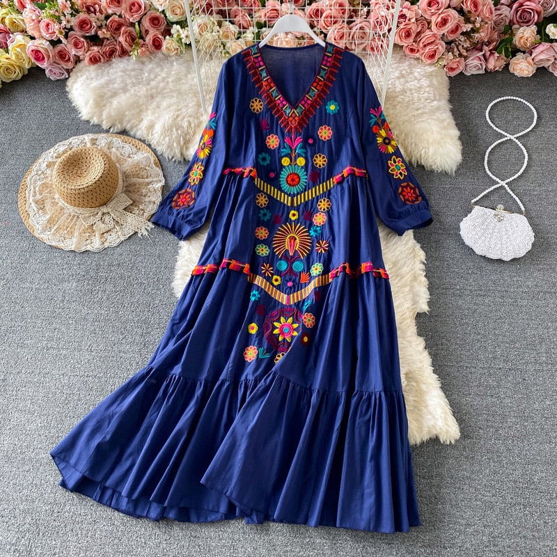 Women Floral Embroidery Beach Bohemian Mini Dress V-neck Cotton and Linen Boho Dresses