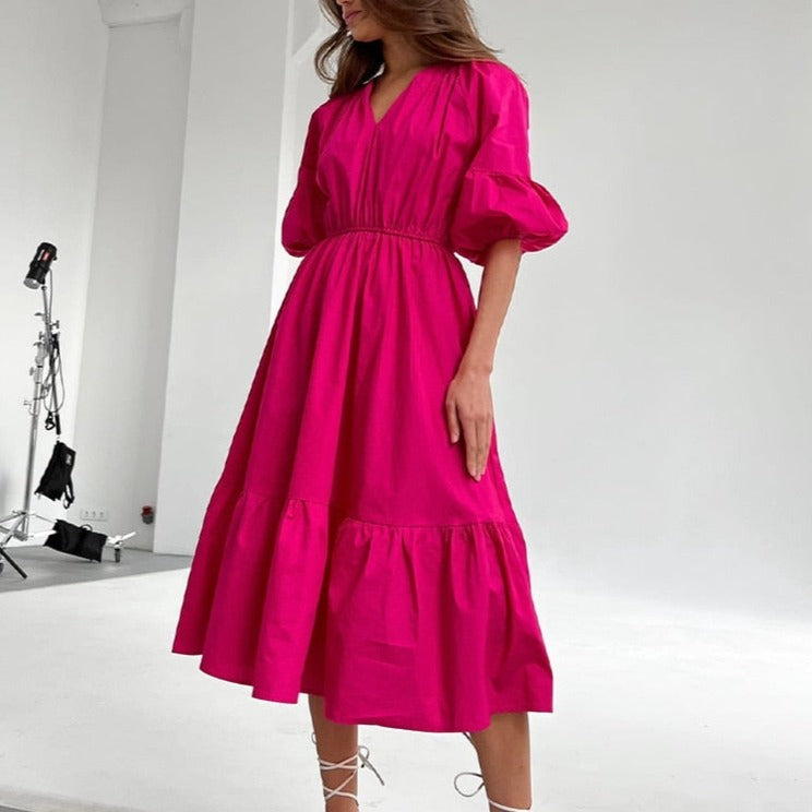 Womens Summer Mid Length Dress Puff Half Sleeve V-Neck Fashion Dress