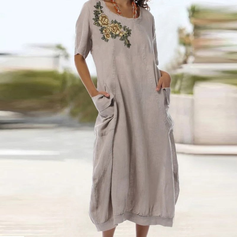 Women Elegant Short Sleeve Pocket Jacquard Flower Party Dress V-neck Cotton Linen Midi Dresses