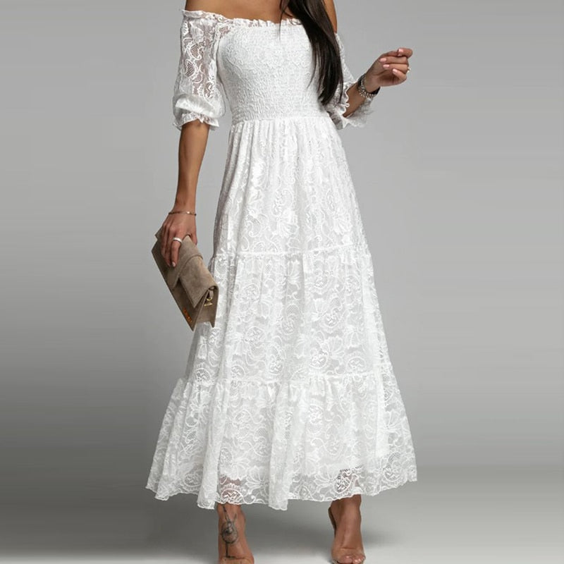 Women Elegant Half-sleeve One Piece Collar Dress Fashion White Lace Embroidery Ruffle Dress Ladies Casual Commuter Slim Dresses