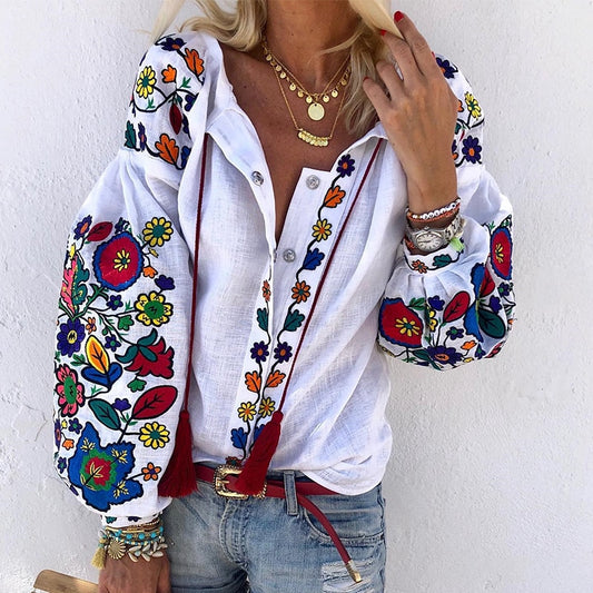 Women Flower Print Loose Shirt Spring Elegant V-neck Button Tassel Blouse