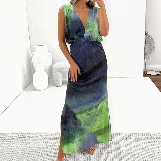 Retro Tie-dyed Printed Split Dress Women Summer Sleeveless V-neck Backless Waist Long Dress Ladies Fashion Slim Chic Dresses New