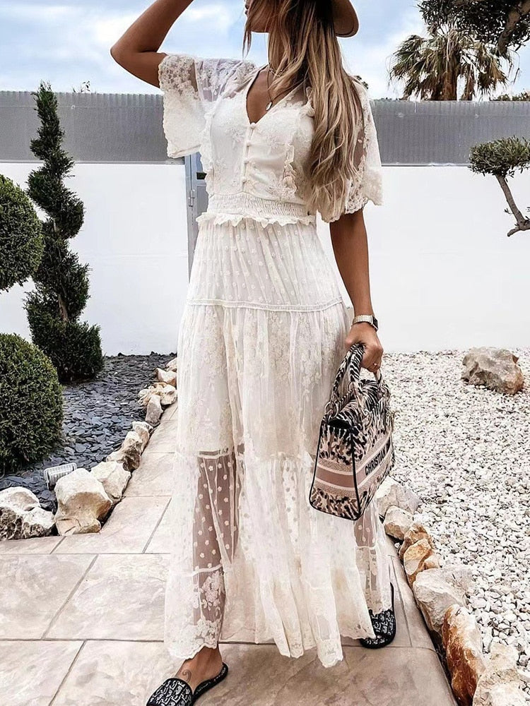 Women V Neck Lace Mesh Dress Solid Slim White Dress