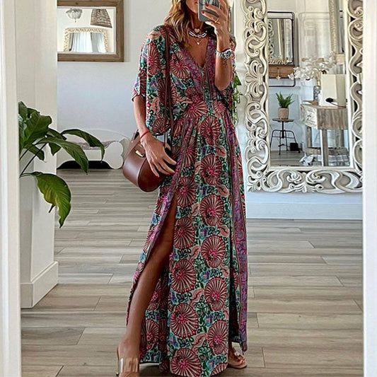 Women Hollow Out High Waist Slit Boho Dress Floral Print Pleated Beach Dress