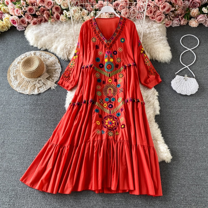 Women Floral Embroidery Beach Bohemian Mini Dress V-neck Cotton and Linen Boho Dresses