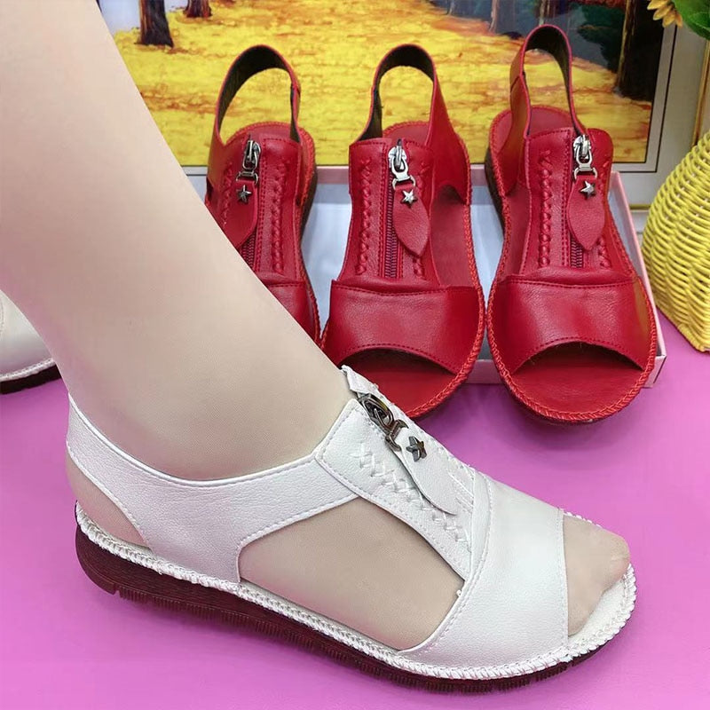 Women Sandals Pu Leather Comfort Mother Shoes Zipper Flat Sandals Casual Summer Footwear