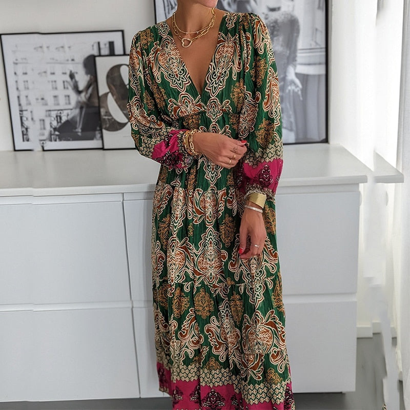 Women's Vintage Pattern Printed Dress with Long Sleeves, V-Neckline, Draped Design, and High Waist for a Casual and Loose-Fitting Fashionable Look