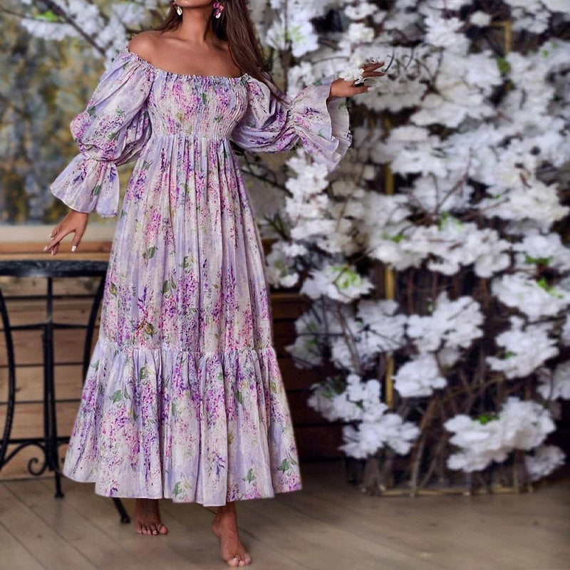 Retro Bohemian Printed Long Dress Women Casual One Neck Flare Sleeve Pleated Dress Ladies Fashion High Waist Slim Ruffle Dresses