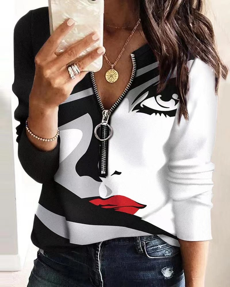 Print Zip V Neck Women's Top Ladies 3D Vintage Printed Pullover T-shirts