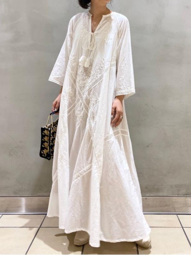 Women's Summer Dress White Lace V-Neck Long Beach Dress Elegant Dress