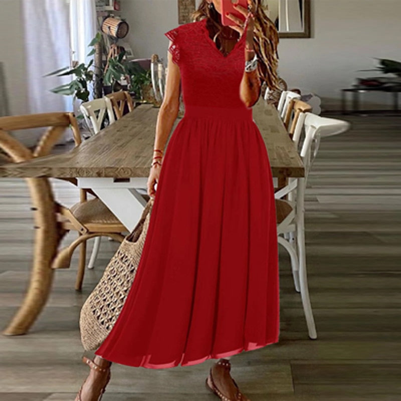 Women Sexy Lace Patchwork Waist Long Dress V-Neck Hollow DressHem Dresses