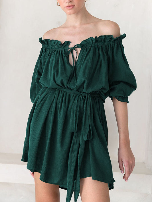 Women Lantern Short Sleeve Solid Simple Lace Up Ruffles Hem Dress