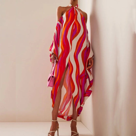 Sexy Off Shoulder Halter Backles Colorful Striped Printed Maxi Dresses