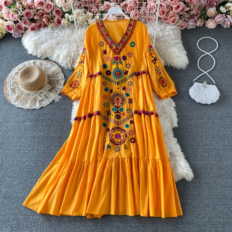 Women Floral Embroidery Beach Bohemian Mini Dress V-neck Cotton and Linen Boho Dresses