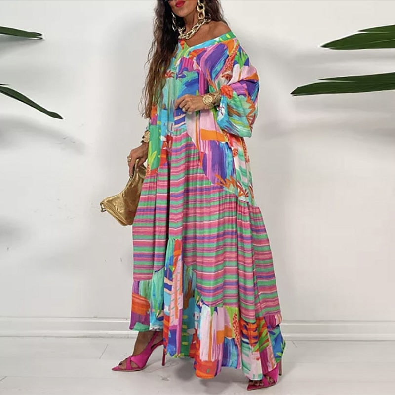 Retro Loose Boho Print Maxi Dress Casual V-Neck Long Sleeve Ladies Party Dress