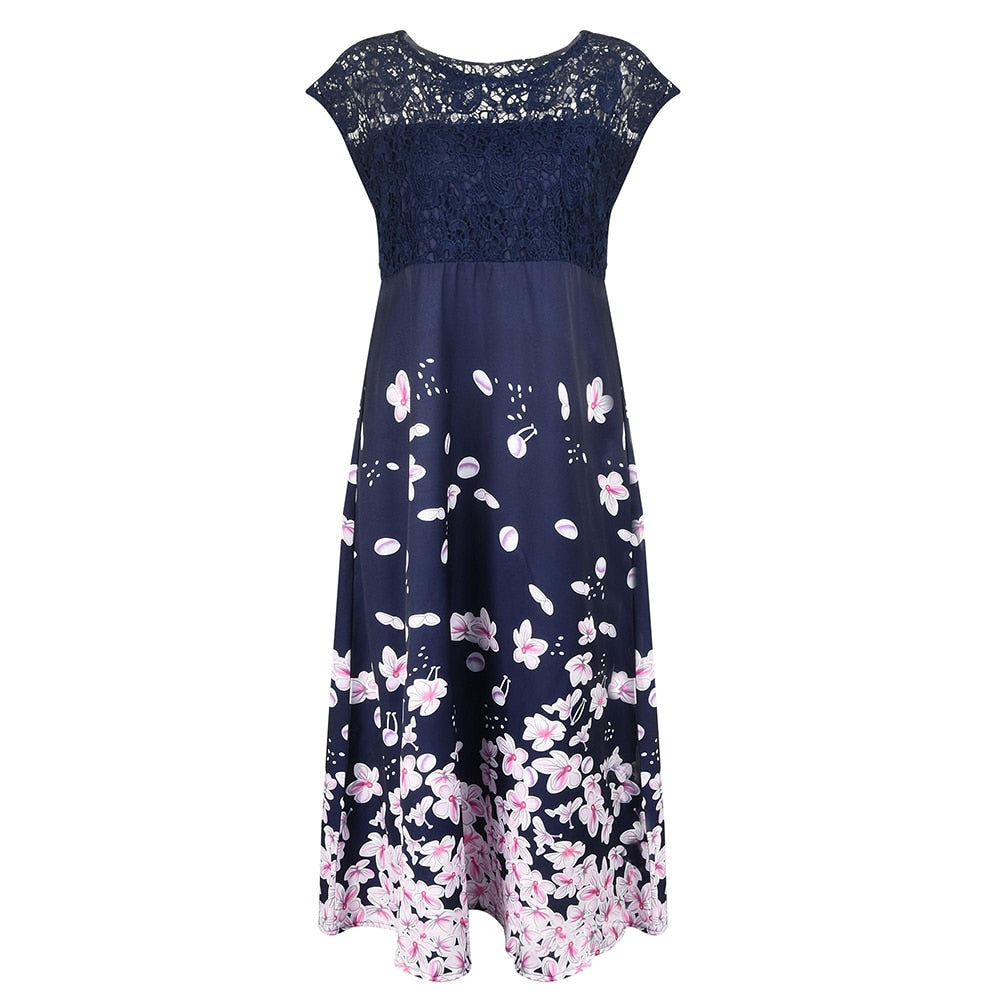 Women Summer Knee Length Printed Lace Floral Midi Dress