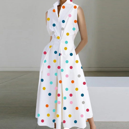 Women Casual Sleeveless Pocket Party Dress Vintage Polka Dots Print Long Dresses