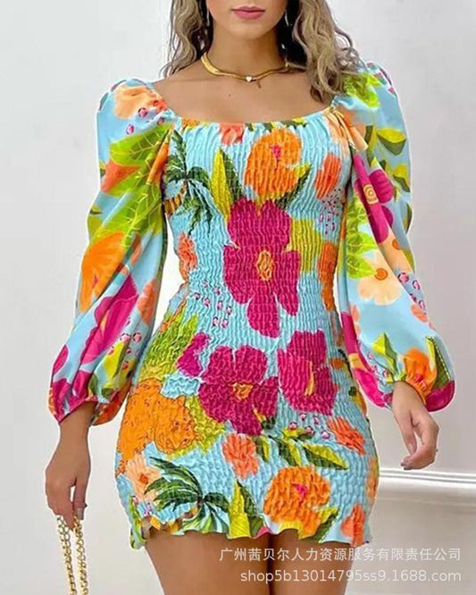 Tropical Print Puff Sleeve Shirred Dress High Waist Sexy Bodycon Mini Dress