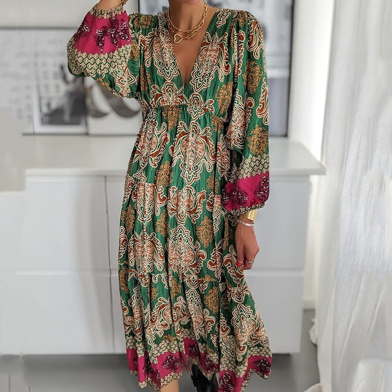 Women's Vintage Pattern Printed Dress with Long Sleeves, V-Neckline, Draped Design, and High Waist for a Casual and Loose-Fitting Fashionable Look