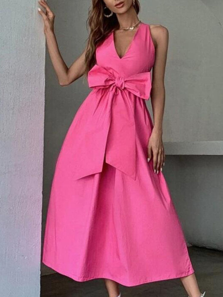 Women V Neck Backless A-Line Party Dress Lady Long Dresses