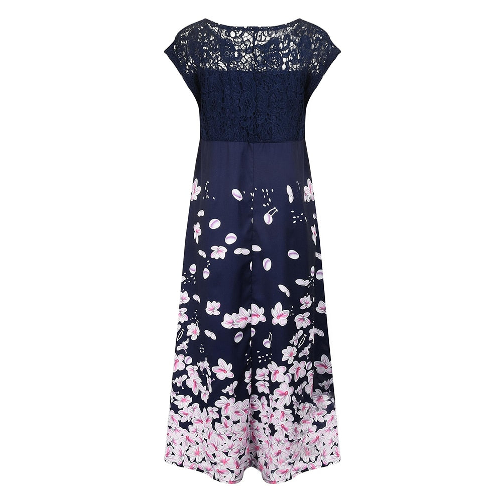 Women Summer Knee Length Printed Lace Floral Midi Dress