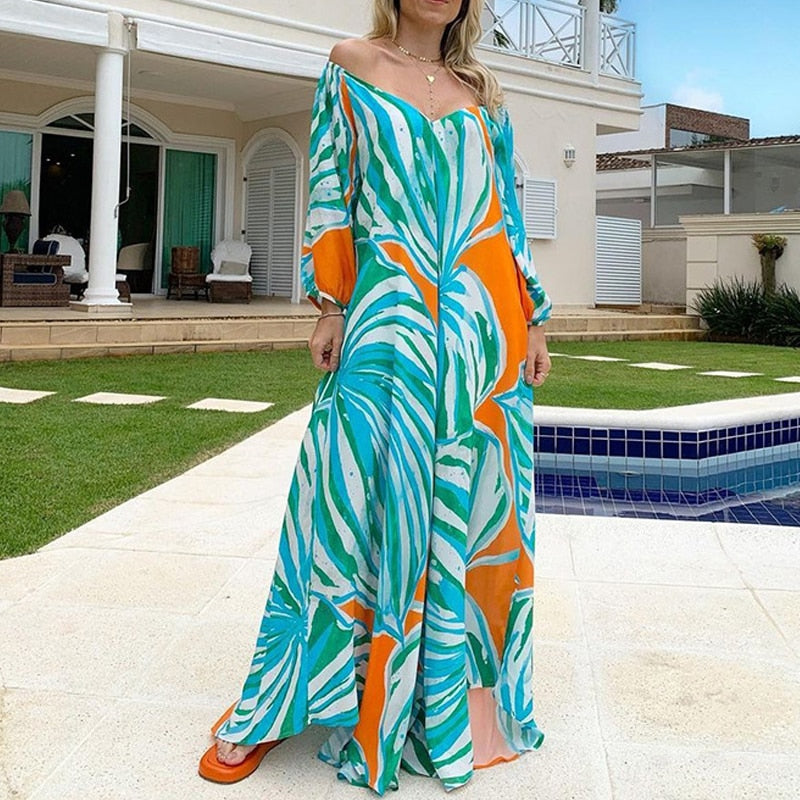 Women's Printed Holiday Long Dress with One-Shoulder Neckline, Backless & Long-Sleeved, Large Hem, Casual & Loose Fit Dress