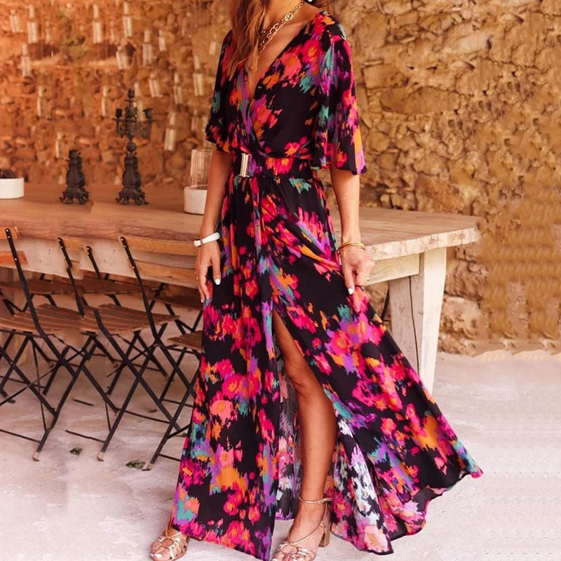 Women Hollow Out High Waist Slit Boho Dress Floral Print Pleated Beach Dress