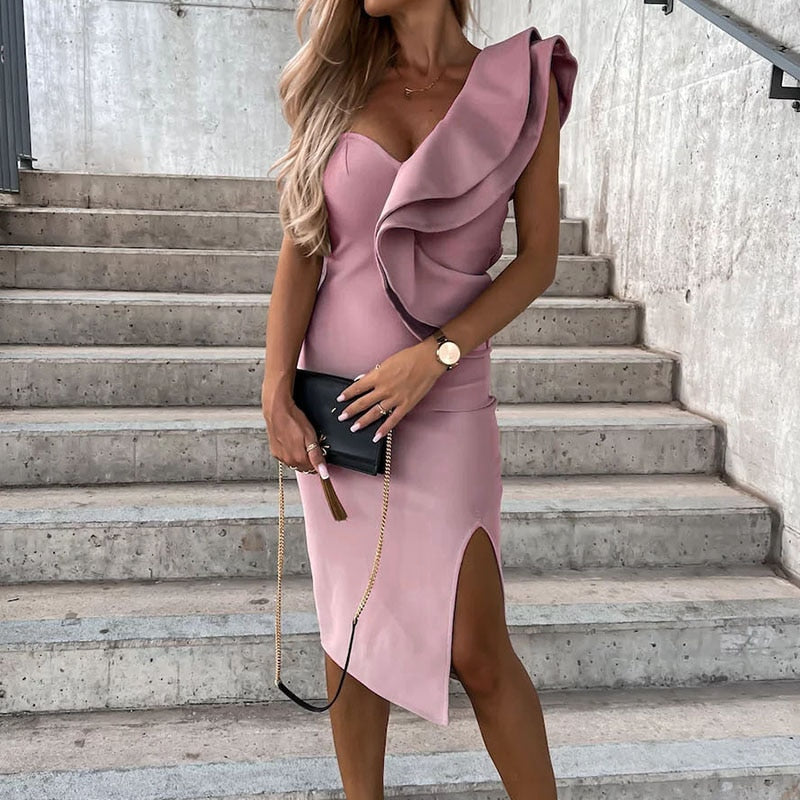 Sexy Diagonal Collar Backless Slit Party Dress Elegant Sleeveless Single Shoulder Ruffle Dress Ladies Fashion Slim Solid Dresses