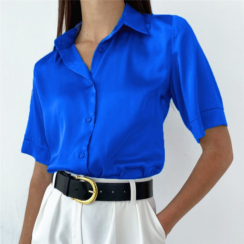 Polo Collar Office Lady blouse Vintage Loose Button Up Down Shirts