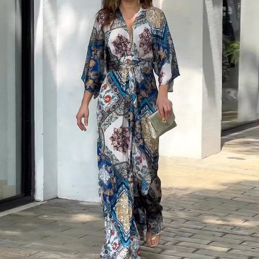 Printed Wide Leg Romper Women V-neck Tie-up Waist Long Jumpsuit