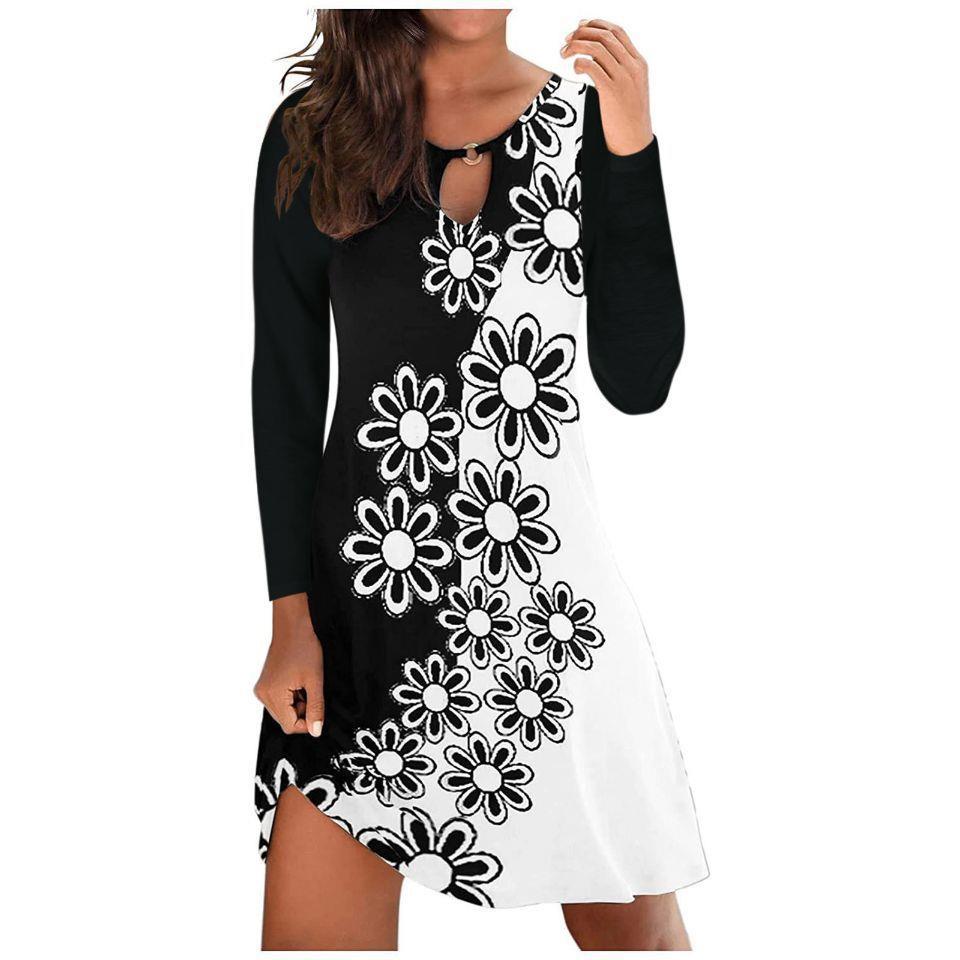 Women Vintage Ruffles Casual Full Long Sleeve Dress Large Big Hole Printed Party Dresses