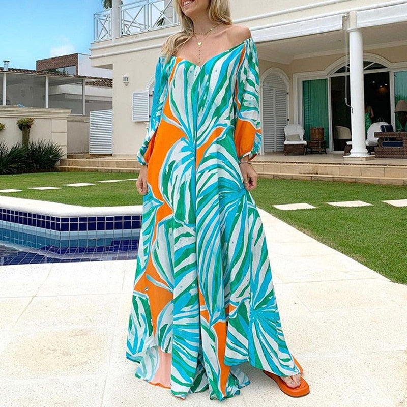 Women's Printed Holiday Long Dress with One-Shoulder Neckline, Backless & Long-Sleeved, Large Hem, Casual & Loose Fit Dress