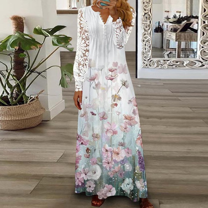 Women's Long Dress with Pattern Printing, Casual Style V-Neckline, Loose Fit