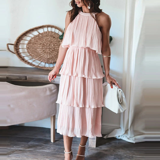 Women Fashion Ruffled Pleat Solid Party Dress Summer Casual Loose Beach Dress