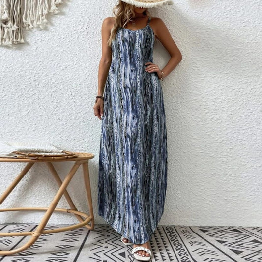 Women Elegant Pattern Printed Bohe Long Dress V-neck Backless Beach Dresses