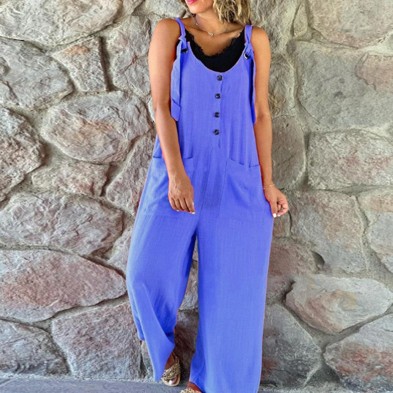 Women Fashion Strappy Button Long Romper Casual Pocket Wide Legger Pant Playsuit Overalls