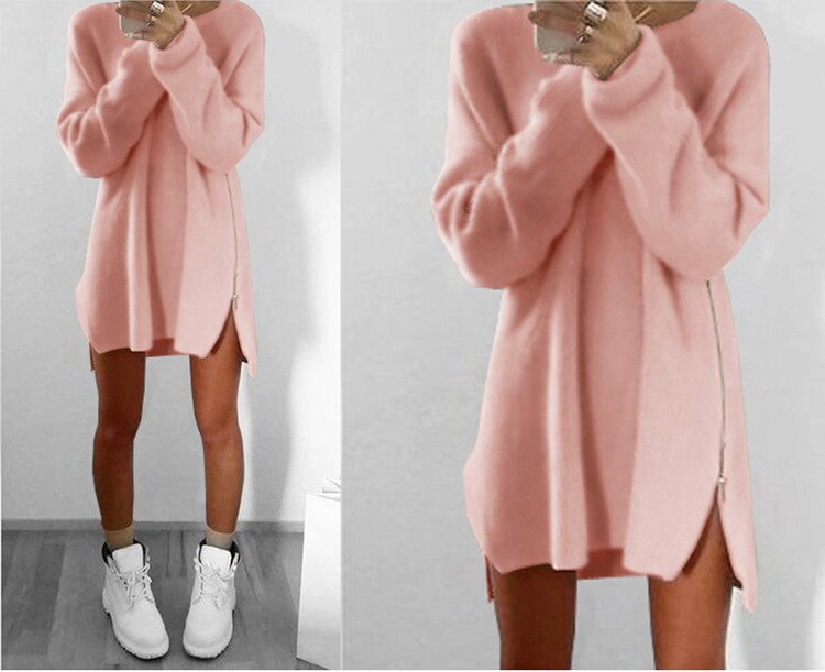 Women Long Sleeve Zippers Side Jumper Sweater Dress