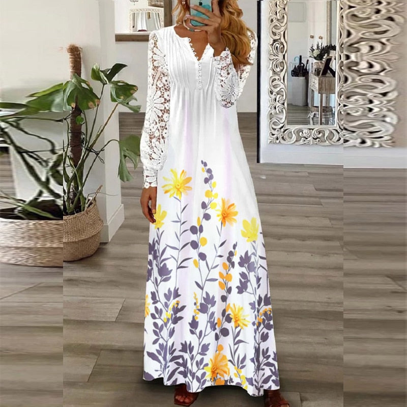 Women's Long Dress with Pattern Printing, Casual Style V-Neckline, Loose Fit