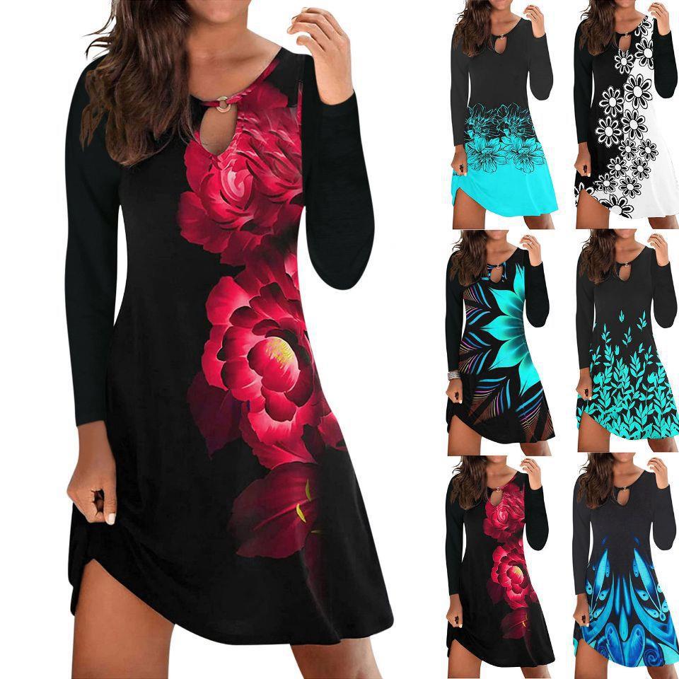 Women Vintage Ruffles Casual Full Long Sleeve Dress Large Big Hole Printed Party Dresses