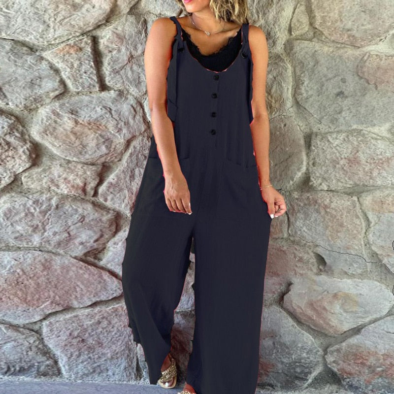 Women Fashion Strappy Button Long Romper Casual Pocket Wide Legger Pant Playsuit Overalls