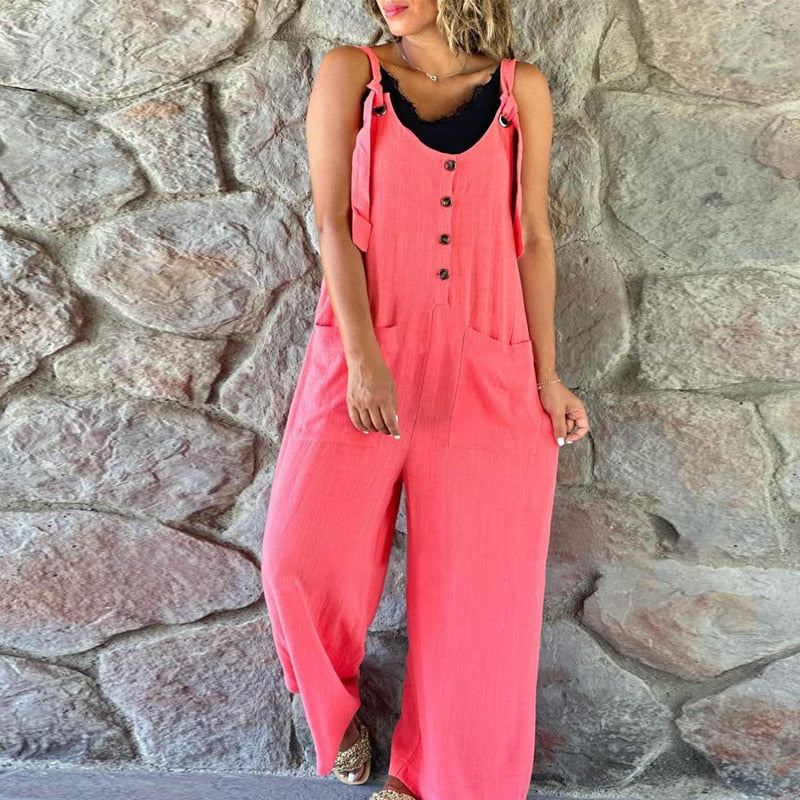 Women Fashion Strappy Button Long Romper Casual Pocket Wide Legger Pant Playsuit Overalls