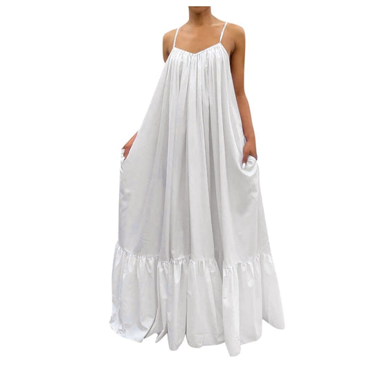 Women Plus Size Casual Solid Strap Dress Pocket Loose Backless Big Swing Dress