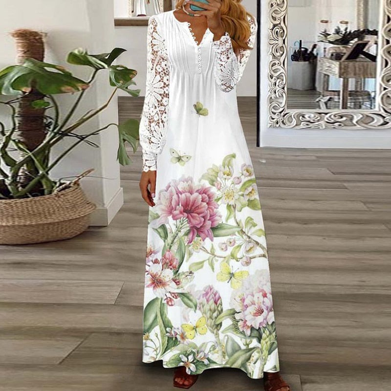 Women's Long Dress with Pattern Printing, Casual Style V-Neckline, Loose Fit