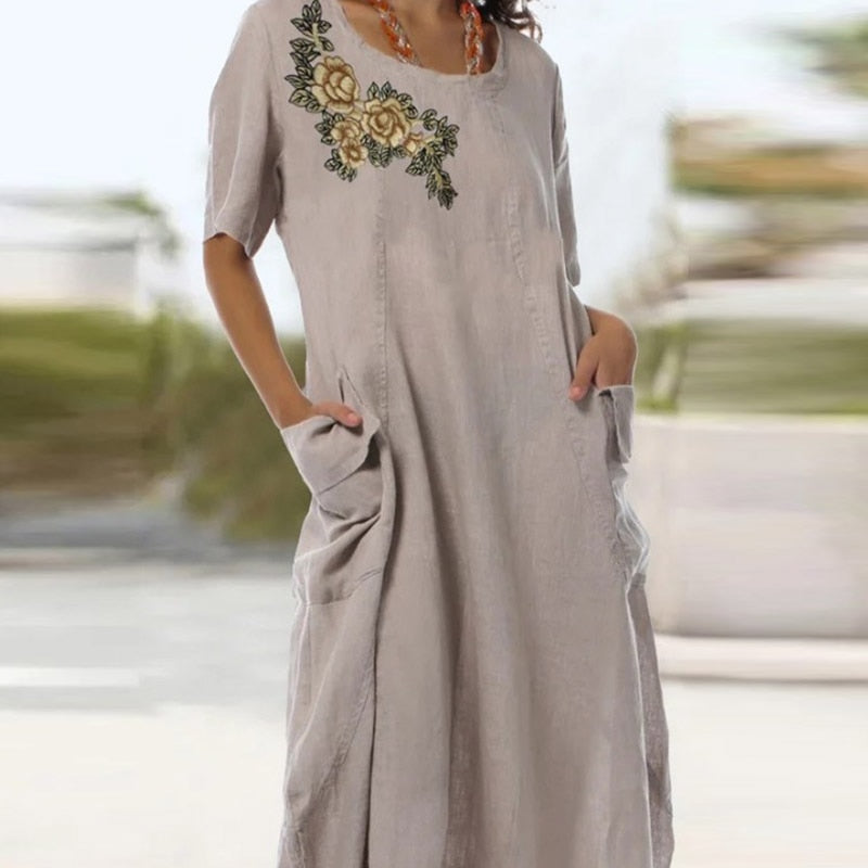 Women Elegant Short Sleeve Pocket Jacquard Flower Party Dress V-neck Cotton Linen Midi Dresses