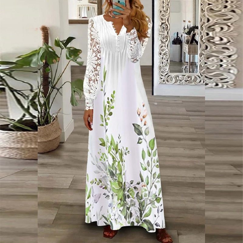 Women's Long Dress with Pattern Printing, Casual Style V-Neckline, Loose Fit