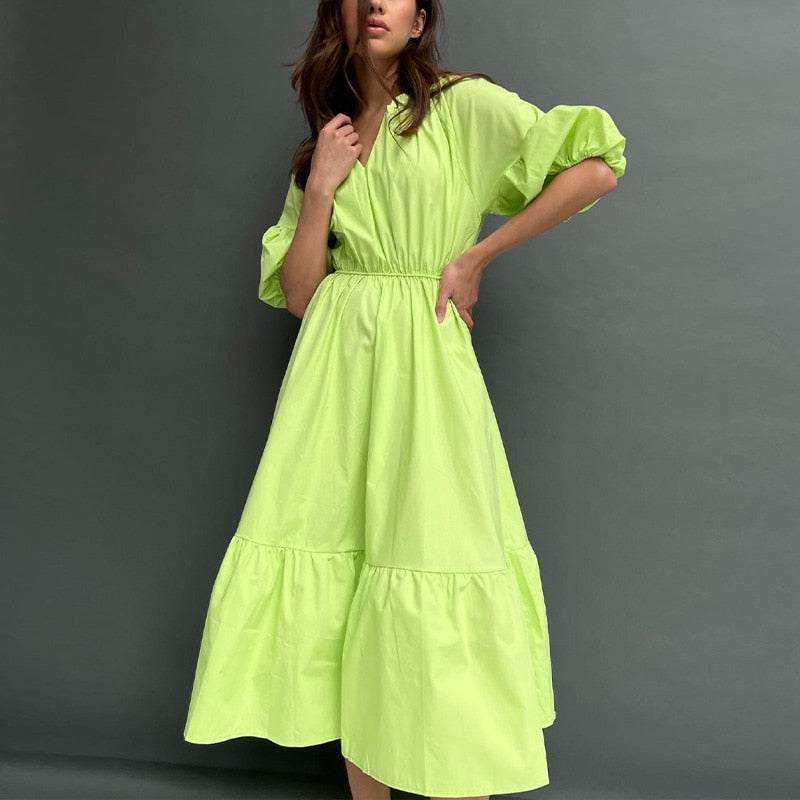 Womens Summer Mid Length Dress Puff Half Sleeve V-Neck Fashion Dress