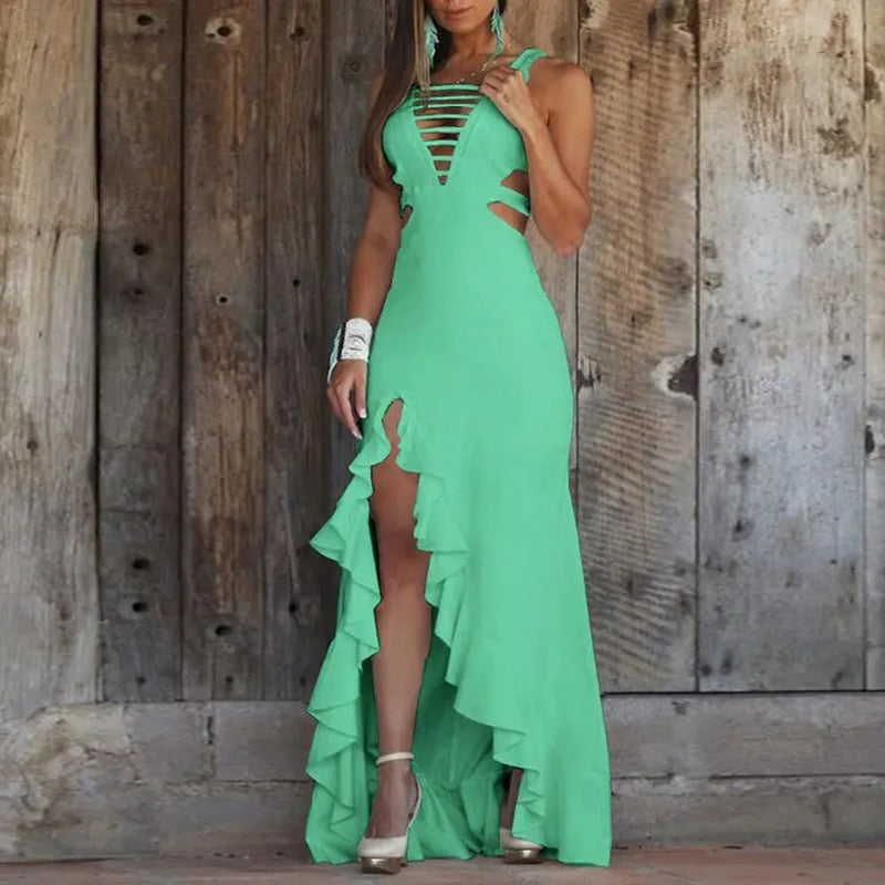 Women Elegant Sleeveless Solid Bodycon Dress Irregular Ruffle Party Dress