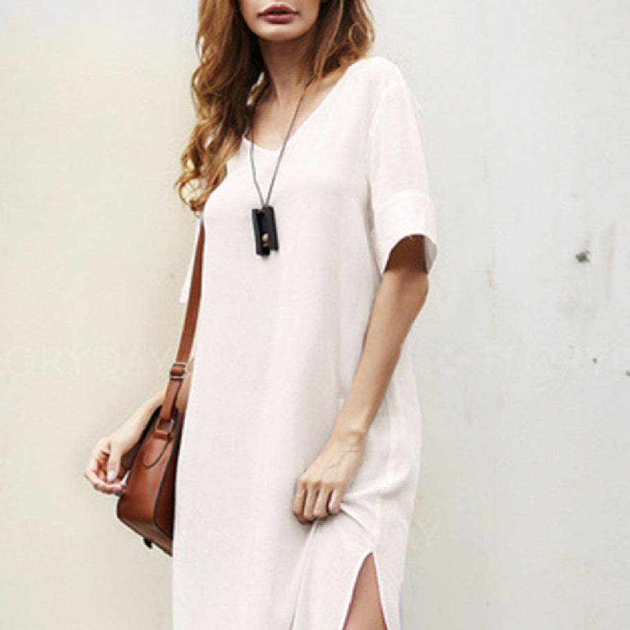 Fashion Solid Cotton And Linen Dress